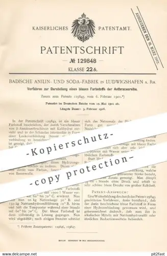 original Patent - Badische Anilin- & Soda-Fabrik , Ludwigshafen a. Rh. , 1901 , blauer Farbstoff der Anthracenreihe !!
