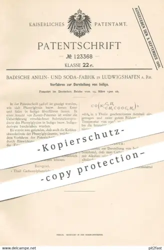original Patent - Badische Anilin- & Soda-Fabrik , Ludwigshafen a. Rh. , 1900 , Darstellung von Indigo | Farbstoff