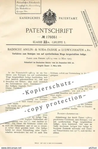 original Patent - Badische Anilin- & Soda-Fabrik , Ludwigshafen a. Rh. , 1905 , Reinigen v. synthetischem Indigo | Farbe