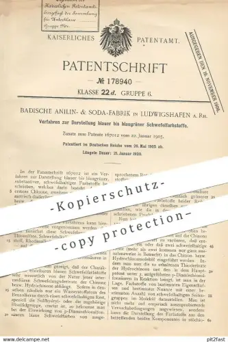 original Patent - Badische Anilin- & Soda-Fabrik , Ludwigshafen a. Rh. , 1905 , blaugrüner Schwefelfarbstoff | Schwefel