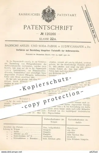 original Patent - Badische Anilin- & Soda-Fabrik , Ludwigshafen a. Rh. , 1900 , blaugrüner Farbstoff der Anthracenreihe