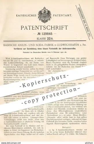 original Patent - Badische Anilin- & Soda-Fabrik , Ludwigshafen a. Rh. , 1901 , blauer Farbstoff der Anthracenreihe !!!