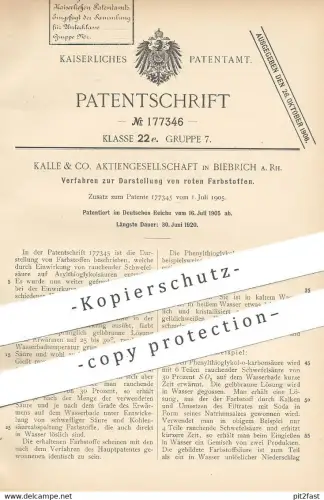 original Patent - Kalle & Co. AG , Biebrich a. Rh. , 1905 , rote Farbstoffe | Farbe , Schwefelsäure , Säure , Chemie !