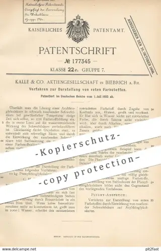 original Patent - Kalle & Co. AG , Biebrich a. Rh. , 1905 , rote Farbstoffe | Farbe , Schwefelsäure , Säure , Chemie !