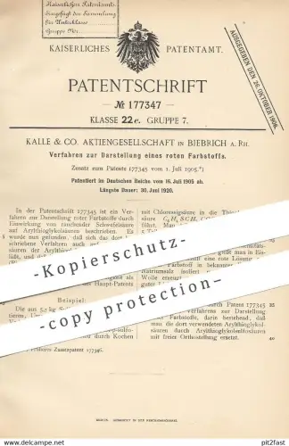 original Patent - Kalle & Co. AG , Biebrich a. Rh. , 1905 , roter Farbstoff | Farbe , Lack , Schwefelsäure , Säure !!