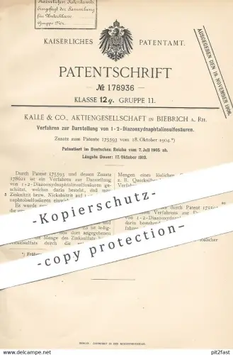 original Patent - Kalle & Co. AG , Biebrich a. Rh. , 1905 , Darstellung von 1 • 2 - Diazooxydnaphtalinsulfosäure | Säure