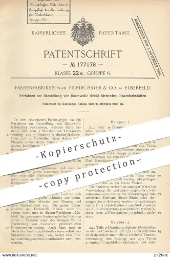 original Patent - Farbenfabriken vorm. Friedr. Bayer & Co. Elberfeld | 1905 | Baumwollfarbstoff | Baumwolle - Farbe !!!