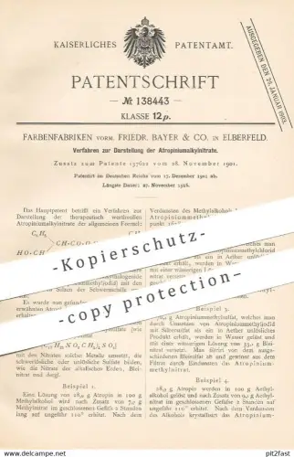 original Patent - Farbenfabriken vorm. Friedr. Bayer & Co. Elberfeld , 1901 , Darstellung der Atropiniumalkylnitrate !!