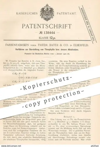 original Patent - Farbenfabriken vorm. Friedr. Bayer & Co. Elberfeld , 1902 , Darst. v. Theophyllin bzw. die Alkalisalze