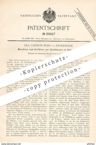 original Patent - Ola Larsson Borg , Stockholm , Schweden | 1892 | Einfüllen der Zündhölzer in Schachteln | Streichholz