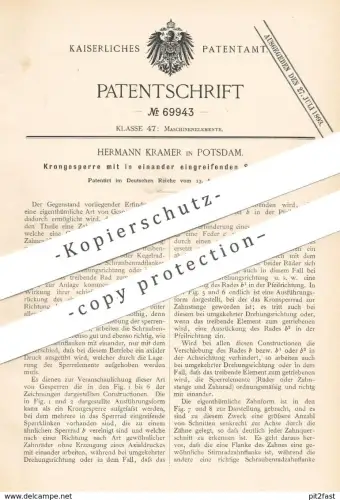original Patent - Hermann Kramer , Potsdam , 1892 , Krongesperre | Zahnrad , Stirnrad , Maschine , Gesperre , Schlosser
