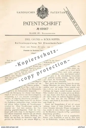 original Patent - Emil Grund , Köln / Nippes , 1892 , Seitenkupplung für Eisenbahn | Eisenbahnen , Kupplung !!!