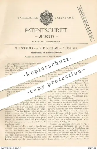 original Patent - E. J. Wessels und H. P. Merriam , New York USA , 1897 , Führerventil für Luftdruckbremsen | Eisenbahn
