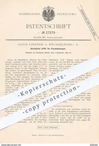 original Patent - Louis Lindner , Wechselburg , 1883 , Türgriff für Eisenbahnwagen | Eisenbahn - Wagon | Straßenbahn