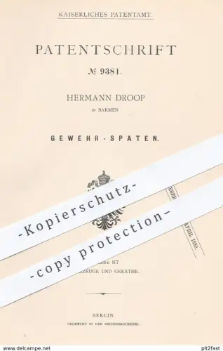 original Patent - Hermann Droop , Barmen , 1879 , Gewehr - Spaten | Gewehre , Militär , Waffen , Geschütz !!