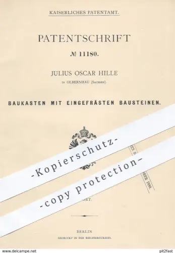 original Patent - Julius Oscar Hille , Olbernhau , Sachsen , 1880 , Baukasten , Bausteine | Hakenkreuz | Lego | Bauwerk