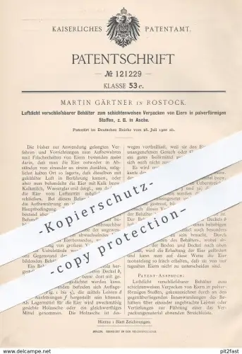 original Patent - Martin Gärtner , Rostock , Mecklenburg , 1900 , Luftdicht verschließbarer Frischebehälter für Eier !!