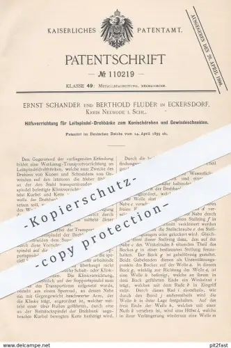 original Patent - Ernst Schander , Berthold Fluder , Eckersdorf / Neurode , Schlesien , 1899 , Leitspindel - Drehbank !!