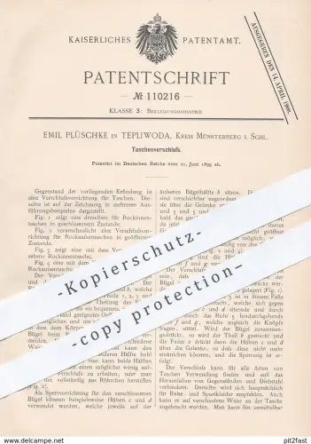 original Patent - Emil Plüschke , Tepliwoda , Münsterberg , Schlesien , 1899 , Taschenverschluss | Tasche , Taschen !!