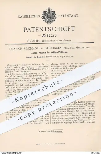 original Patent - Heinrich Kirchhoff , Gröningen / Magdeburg , 1894 , Anheizen von Kohle - Plätteisen | Bügeleisen !!!