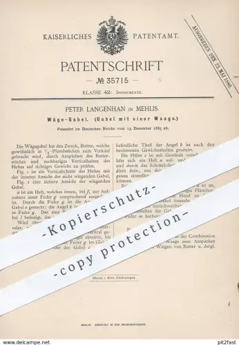 original Patent - Peter Langenhan , Zella Mehlis , 1885 , Wäge - Gabel | Gabel mit Waage | Butter wiegen | Waagen !!!