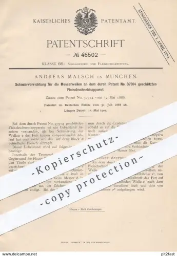 original Patent - Andreas Malsch , München , 1888 , Schmiervorrichtung für Messer am Fleischschneider | Fleischer !!