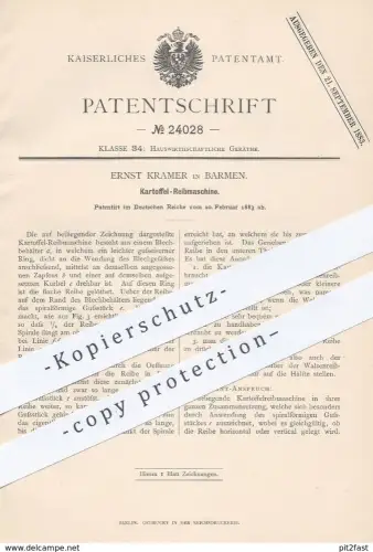 original Patent - Ernst Kramer , Barmen , 1883 , Kartoffel - Reibmaschine | Reibe , Kartoffelreibe | Koch , Kochen !!