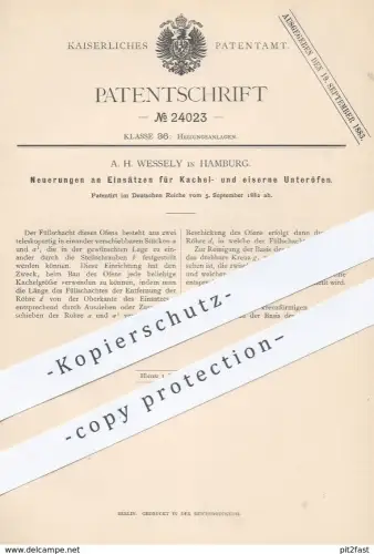 original Patent - A. H. Wesseley , Hamburg , 1882 , Einsatz für Kachelofen u. eisernen Unterofen | Ofen , Ofenbauer !!