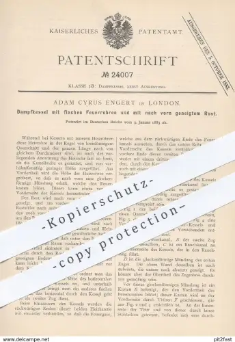 original Patent - Adam Cyrus Engert , London , 1883 , Dampfkessel mit flachen Feuerrohren u. Rost | Kessel , Feuerung !