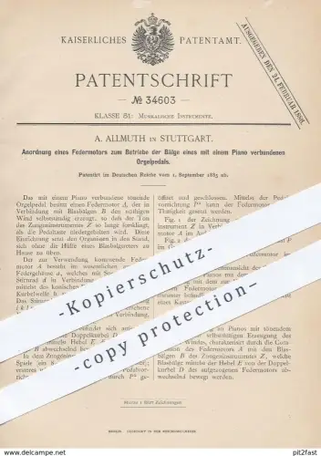 original Patent - A. Allmuth , Stuttgart , 1885 , Federmotor für Orgelpedal mit Piano | Orgel , Klavier , Kirchenorgel