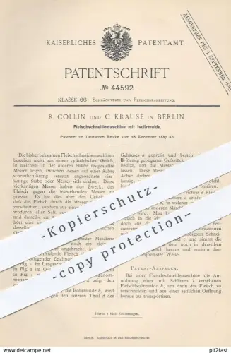 original Patent - R. Collin , C. Krause , Berlin , Schneidemaschine für Fleisch , Wurst | Fleischer , Schlachter !!!