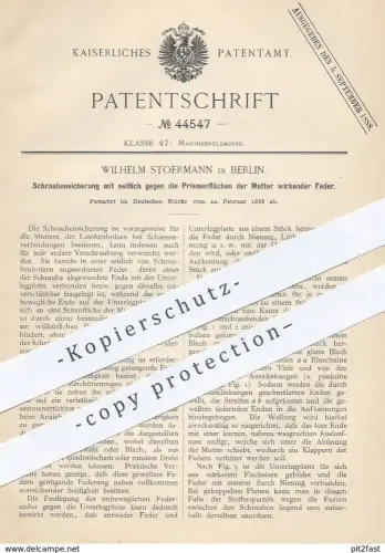 original Patent - Wilhelm Stoermann , Berlin , 1888 , Schraubensicherung | Schraube u. Mutter | Maschinen , Schlosser !