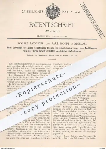 original Patent - Robert Latowski , Paul Hoppe , Breslau , 1892 , Bremse für Eisenbahnen | Bufferbremse , Eisenbahn !!