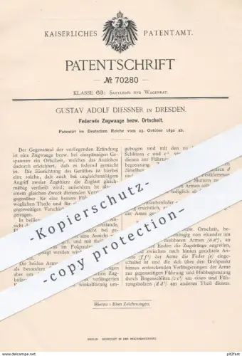 original Patent - Gustav Adolf Diessner , Dresden , 1892 , Federnde Zugwaage , Ortscheit | Waage , Zuglast , Wagenbau !!