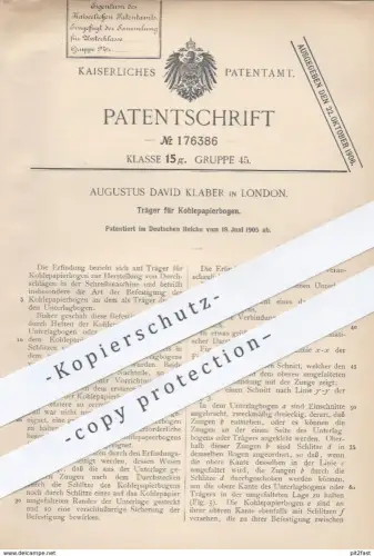 original Patent - Augustus David Klaber , London , 1905 , Träger für Kohlepapierbogen | Schreibmaschine , Papier , Kopie