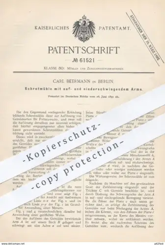 original Patent - Carl Beermann , Berlin , 1891 , Schrotmühle mit schwingendem Arm | Schrot - Mühle , Mühlen , Müller !!