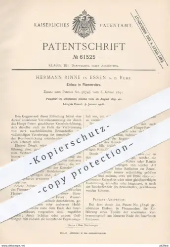 original Patent - Hermann Rinne , Essen / Ruhr , 1891 , Einbau in Flammrohre | Dampfkessel - Rohr | Kessel , Rohre !!