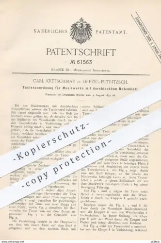 original Patent - Carl Kretschmar , Leipzig / Eutritzsch 1891 , Tastenanordnung für Musikwerke | Musikinstrument , Musik