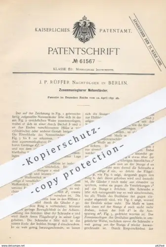 original Patent - J. P. Rüffer Nachfolger , Berlin , 1891 , Zusammenlegbarer Notenständer | Notenblätter , Musik , Noten