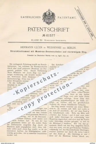 original Patent - Hermann Glüer , Berlin / Weissensee , 1891 , Streichinstrument mit Membran - Resonanzboden | Musik !!
