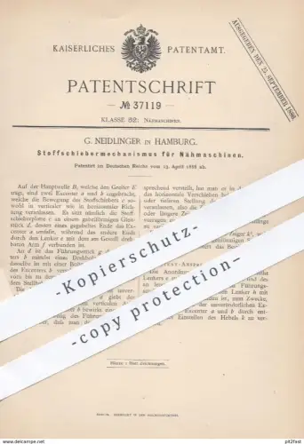 original Patent - G. Neidlinger , Hamburg , 1886 , Stoffschiebermechanismus für Nähmaschinen | Nähmaschine , Nähen !!