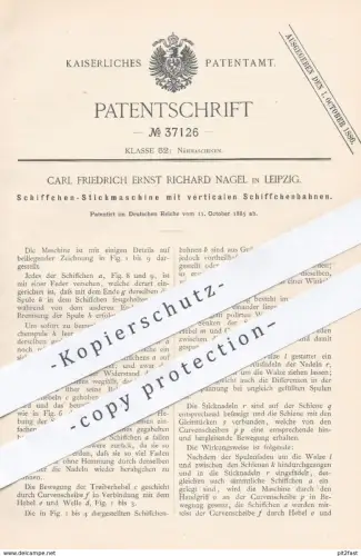 original Patent - Carl Friedrich Ernst Richard Nagel , Leipzig 1885 , Schiffchen - Stickmaschine | Sticken , Nähmaschine