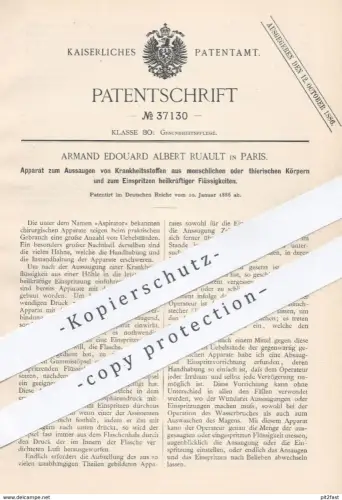 original Patent - Armand Edouard Albert Ruault , Paris  1886 , Sauger für Chirurg , Arzt , Medizin | Aspirator , Spritze