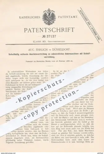 original Patent - Aug. Ehrlich , Düsseldorf , 1886 , Ausrück- u. Schleifvorrichtung an Zahn - Bohrmaschine | Zahnarzt !