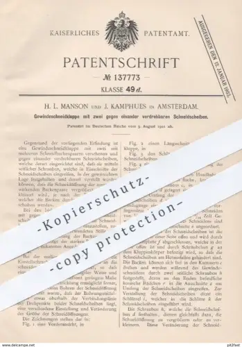 oroginal Patent - H. L. Manson u. J. Kamphues , Amsterdam , 1901 , Gewindeschneidkluppe | Gewinde - Schneidkluppe