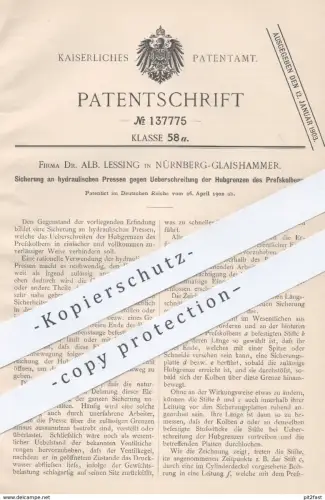 oroginal Patent - Dr. Alb. Lessing , Nürnberg / Glaishammer , 1902 , hydraulische Presse | Pressen , Hydraulik , Kolben