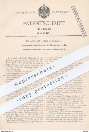 oroginal Patent - Fr. August Lesse , Leipzig , 1902 , Sicherheitsbremse für Motorwagen | Bremse , Automobil , Auto !!!
