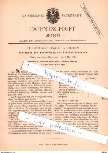 original Patent - Paul Friedrich Pallas in Dresden , 1887 , Verfahren zur Herstellung von Viehfutterkuchen !!!