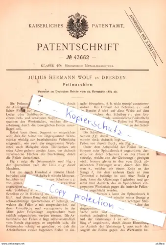original Patent - Julius Hermann Wolf in Dresden , 1887 , Feilmaschine !!!