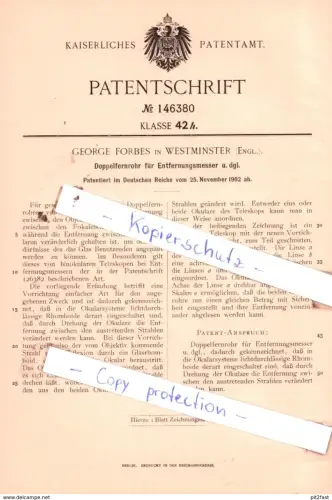 original Patent -  George Forbes in Westminster , Engl. , 1902 , Doppelfernrohr für Entfernungsmesser u. dgl. !!!